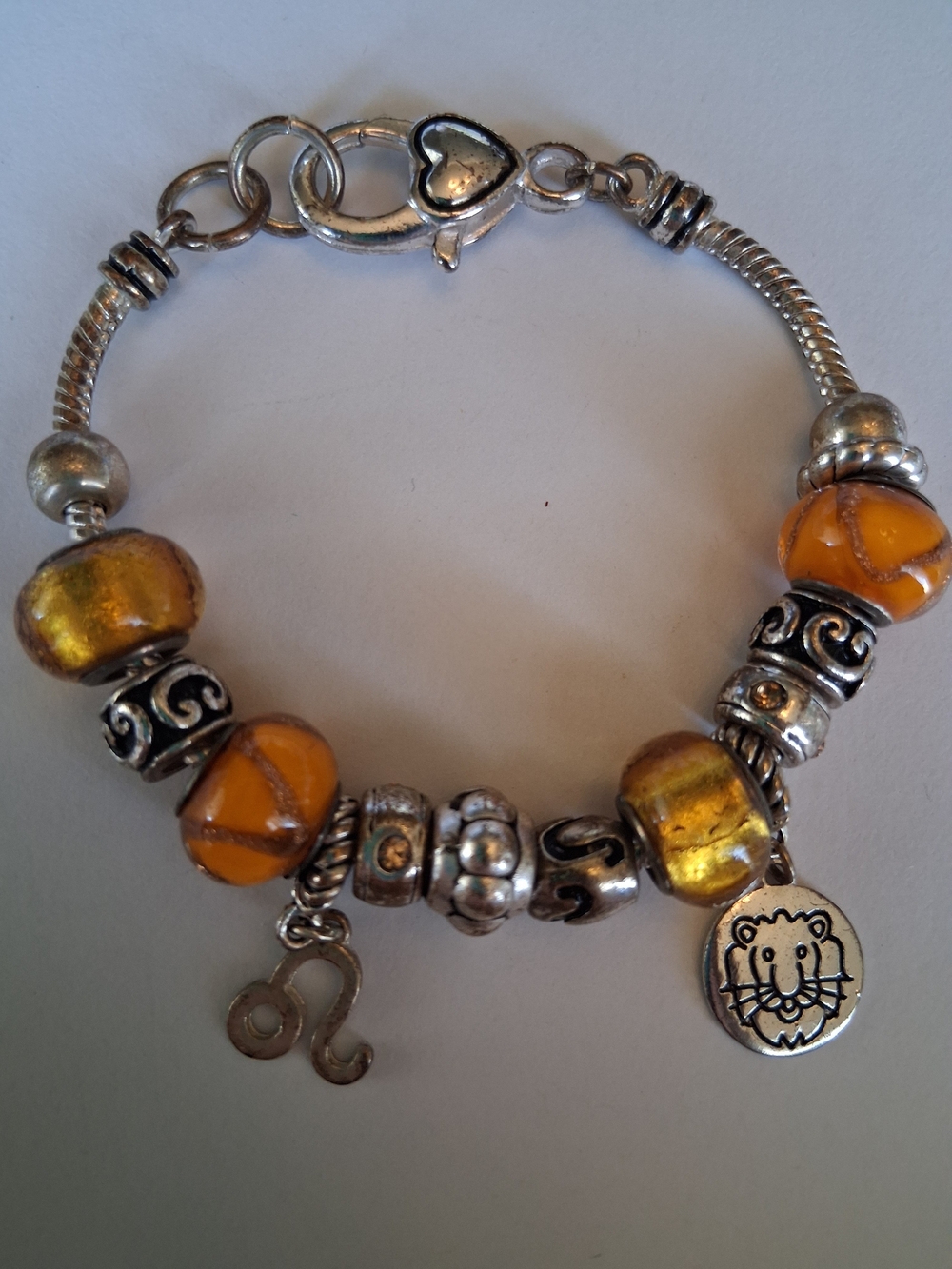 Leo Zodiac Silver-Tone Pandora Style Charm Bracelet with Amber Glass Beads